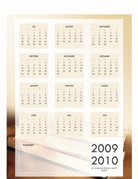 Vysokoškolský kalendár na rok 2009/2010 (1 strana, pondelok až piatok)