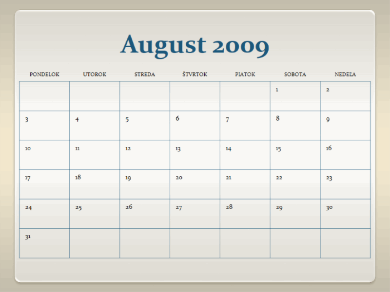 Vysokoškolský kalendár na rok 2009/2010 (13 strán, pondelok až nedeľa)