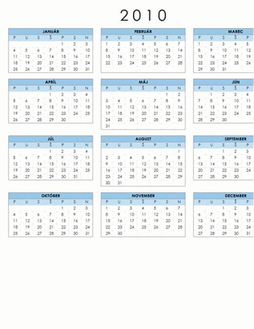 Kalendár na rok 2010 (pondelok až nedeľa, 1-stranový, formát na šírku)