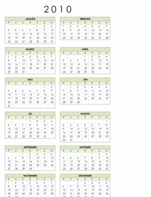 Kalendár na rok 2010 (pondelok až nedeľa, 1-stranový, formát na výšku)