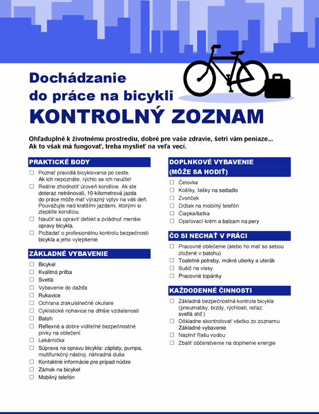 Kontrolný zoznam pre dochádzanie na bicykli