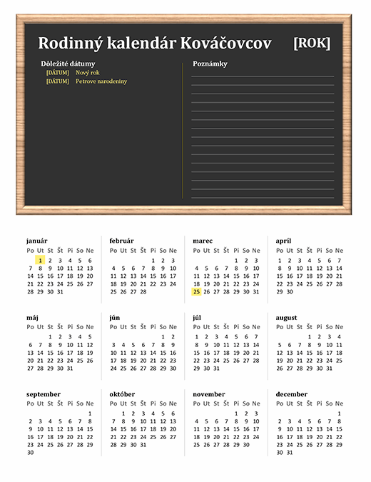 Rodinný kalendár (ľubovoľný rok, pondelok až nedeľa)