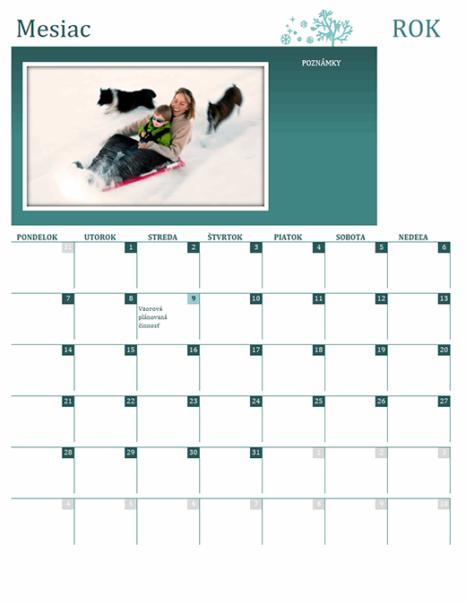 Rodinný kalendár, ročné obdobia (akýkoľvek rok, pondelok až nedeľa)