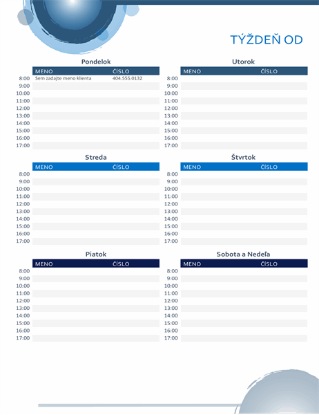 Kalendár plánovaných činností s modrými kruhmi