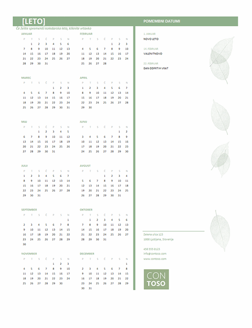 Majhen poslovni koledar (poljubno leto, pon.–ned.)