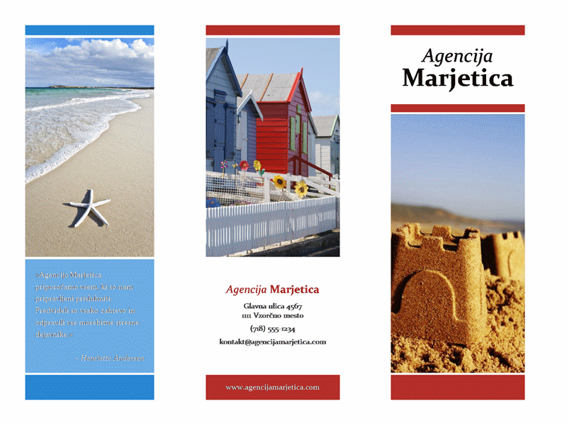 Tridelna potovalna brošura (rdeče, zlate in modre oblike)