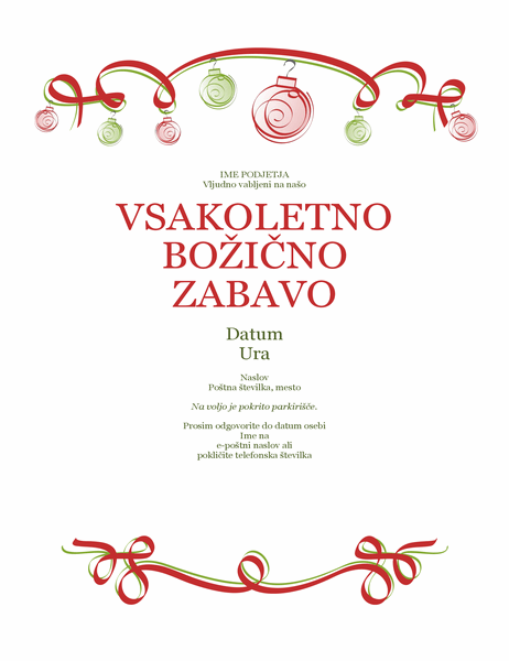 Vabilo na zabavo v času počitnic z okraski in rdečim trakom (uradna zasnova) Vabilo na zabavo v času počitnic z okraski in rdečim trakom (uradna zasnova)