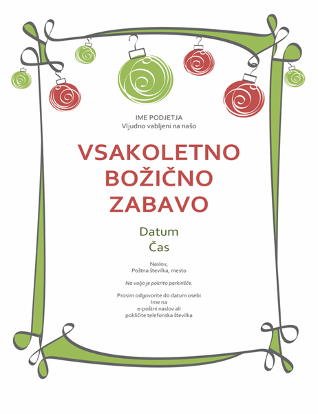 Vabilo na praznično zabavo z okraski in belo obrobo (neformalna oblika) Vabilo na praznično zabavo z okraski in belo obrobo (neformalna oblika)