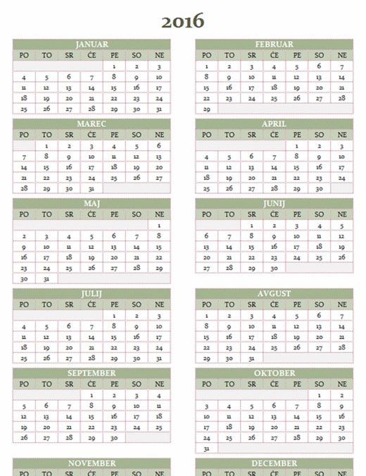 Letni koledar za obdobje 2016–2025 (pon.–ned.)