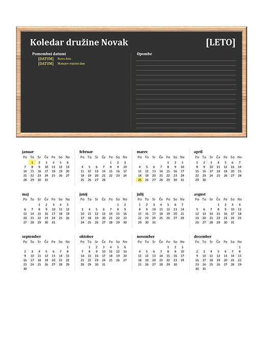 Družinski koledar (poljubno leto, pon.–ned.) Družinski koledar (poljubno leto, pon.–ned.)