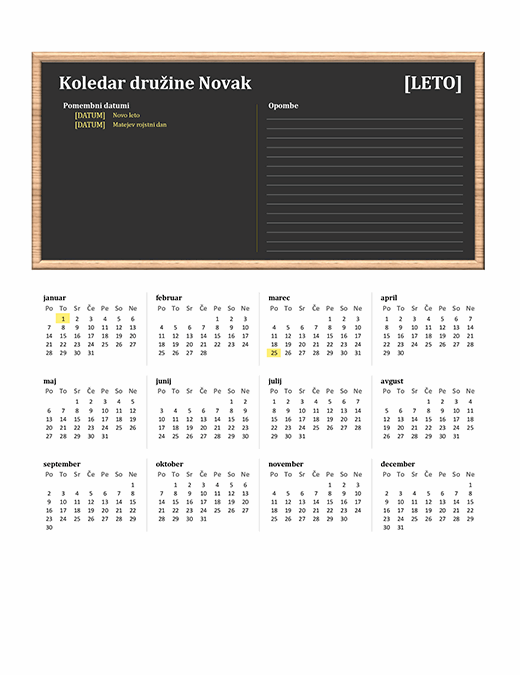 Družinski koledar (poljubno leto, pon.–ned.)