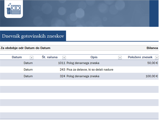 Dnevnik gotovinskih plačil za mala podjetja Dnevnik gotovinskih plačil za mala podjetja
