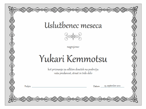 Potrdilo, zaposleni meseca (načrt s sivim vzorcem) Potrdilo, zaposleni meseca (načrt s sivim vzorcem)