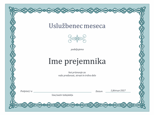 Priznanje za uslužbenca meseca (motiv modre verige) Priznanje za uslužbenca meseca (motiv modre verige)