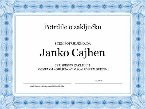 Potrdilo o zaključku (modro) Potrdilo o zaključku (modro)
