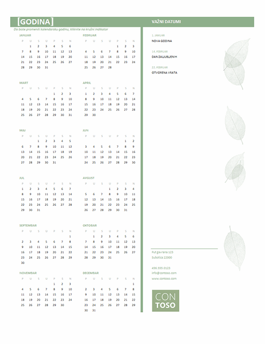 Kalendar za mala preduzeća (bilo koja godina, pon-ned)