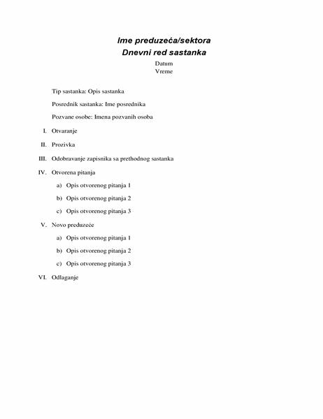 Dnevni red formalnog sastanka Dnevni red formalnog sastanka