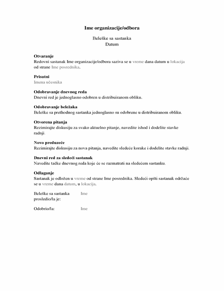 Beleške za sastanak organizacije (dugački obrazac) Beleške za sastanak organizacije (dugački obrazac)