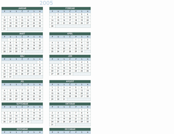 Godišnji kalendar za 2005 - 2014. (pon – ned)