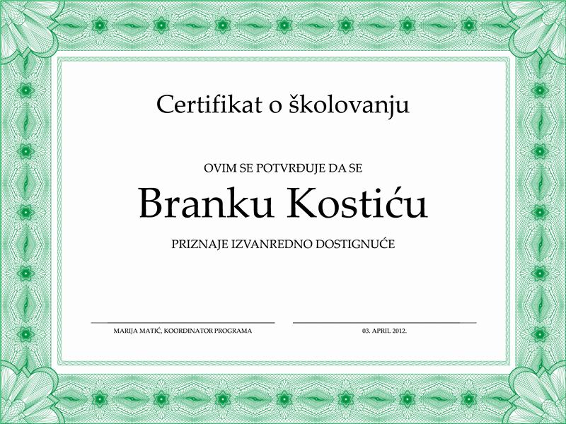 Certifikat o školovanju (formalna zelena ivica)