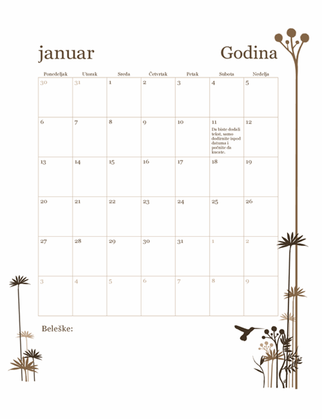Kalendar od 12 meseci sa dizajnom kolibrija (pon–ned) Kalendar od 12 meseci sa dizajnom kolibrija (pon–ned)