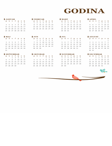 Godišnji kalendar sa dizajnom ptica (pon–ned)