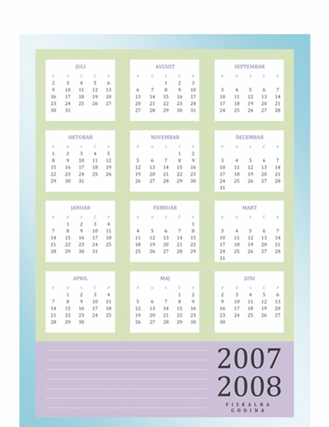 Kalendar za fiskalnu godinu 2007-2008 (pon-pet)