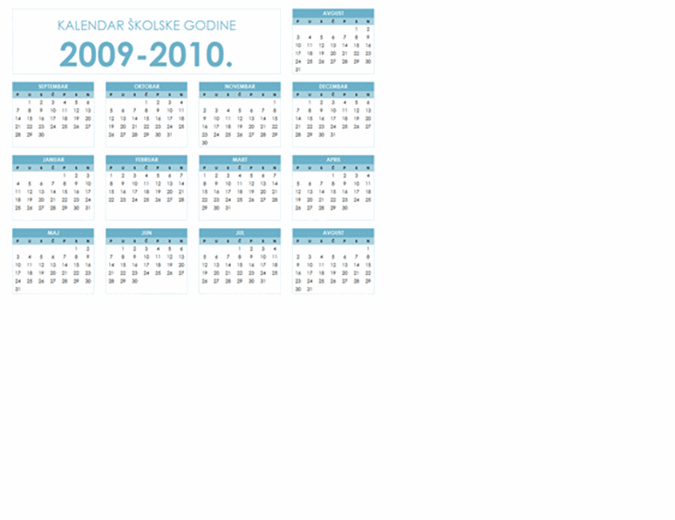kalendar školske 2009/2010. godine (1 stranica, položeno, pon-ned.)