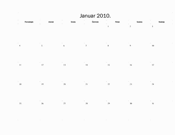Kalendar za 2010. godinu (osnovni dizajn, pon-ned.)