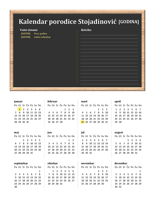 Porodični kalendar (bilo koja godina, poned–ned) Porodični kalendar (bilo koja godina, poned–ned)