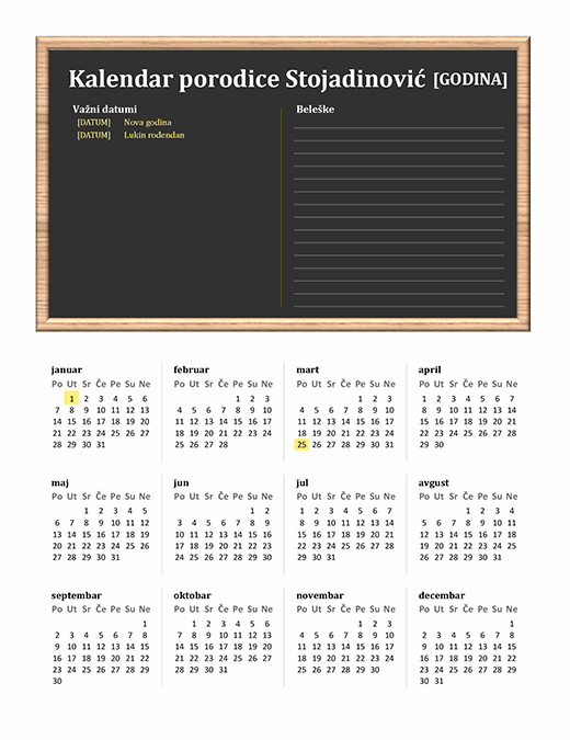 Porodični kalendar (bilo koja godina, poned–ned)