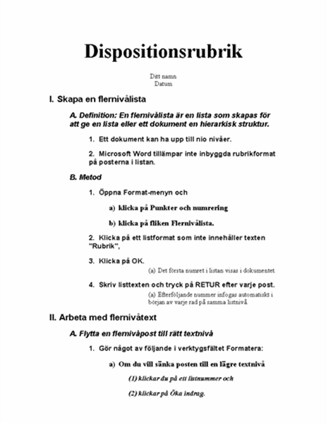 Dokumentdisposition med fem nivåer och instruktioner