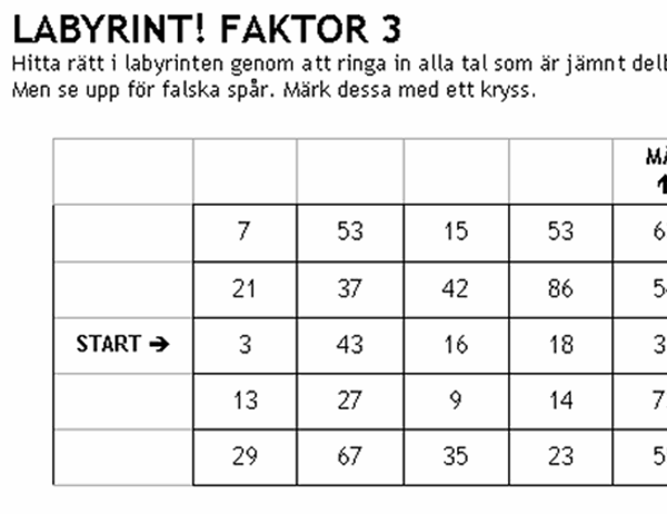 Labyrint med siffror, svårighetsgrad 1, faktor 3