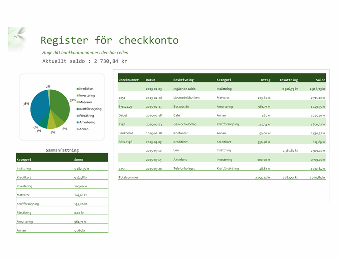 Register för checkkonto med diagram