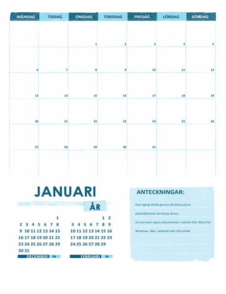 Akademisk kalender (en månad, valfritt år, börjar med måndag)