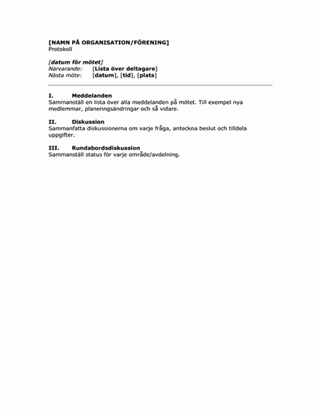 Organisationsmöten i minuter (kort formulär)