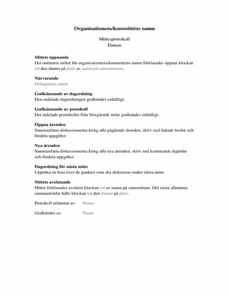 Protokoll för organisationsmöten (långt format)