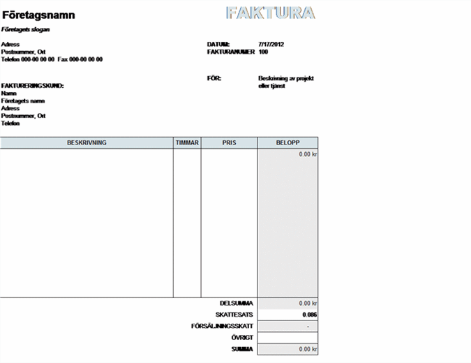Faktura för tjänst med beräkning av skatt