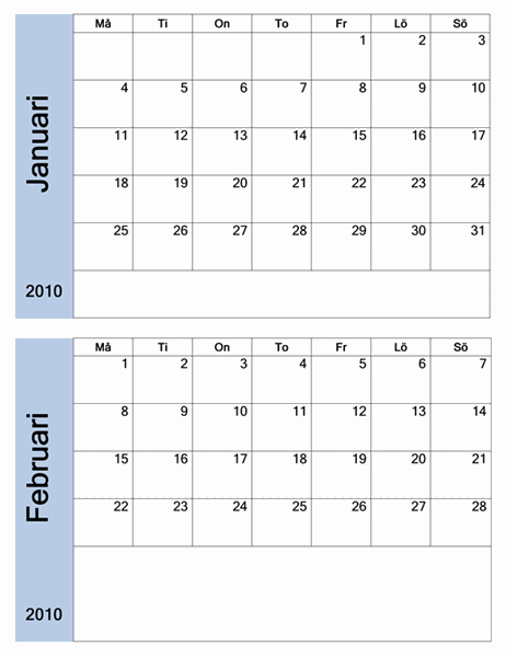 Kalender för 2010 med blå kant (6 sidor, må-sö)
