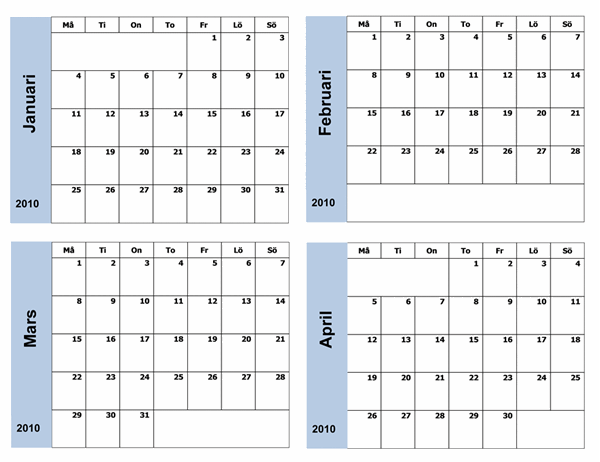 Kalender för 2010 med blå kant (3 sidor, må-sö)