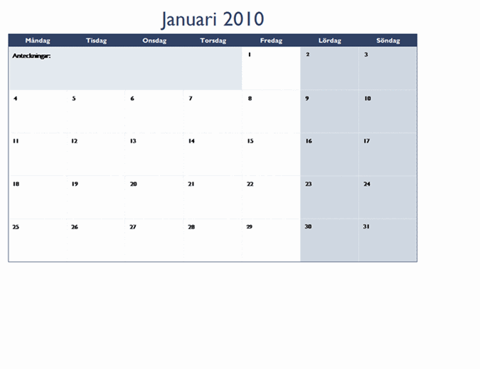 Kalender för 2010 på flera kalkylblad (12 sidor, må-sö)