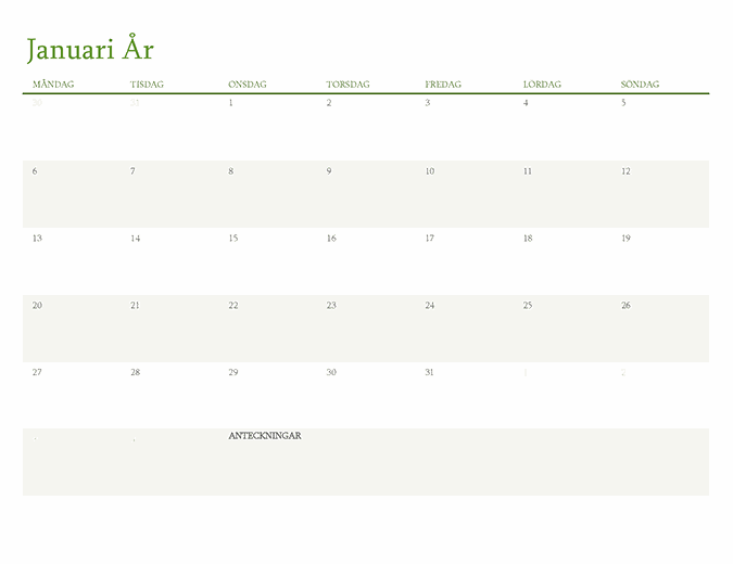 Kalender för valfritt år (1 månad per flik)