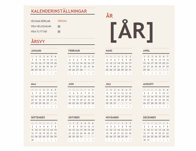 Kalender för valfritt år med helgdagar