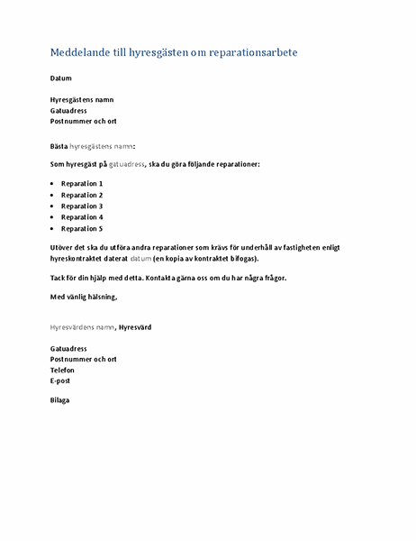 Meddelande till hyresgästen om reparationsarbete (standardbrev)