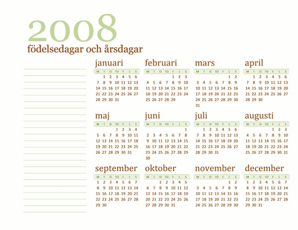 Födelsedags- och årsdagskalender för 2008 (måndag till söndag)