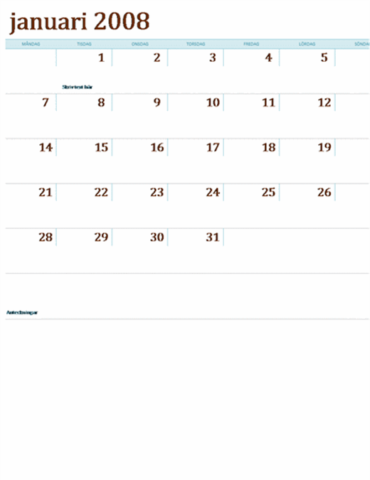 Kalender för 2008 på flera kalkylblad (12 sidor, måndag till söndag)