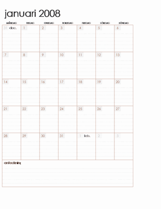 Kalender för 2008 på flera kalkylblad (12 sidor, måndag till söndag)