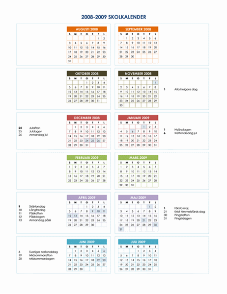 Skolkalender för 2008-2009 (1 sida)