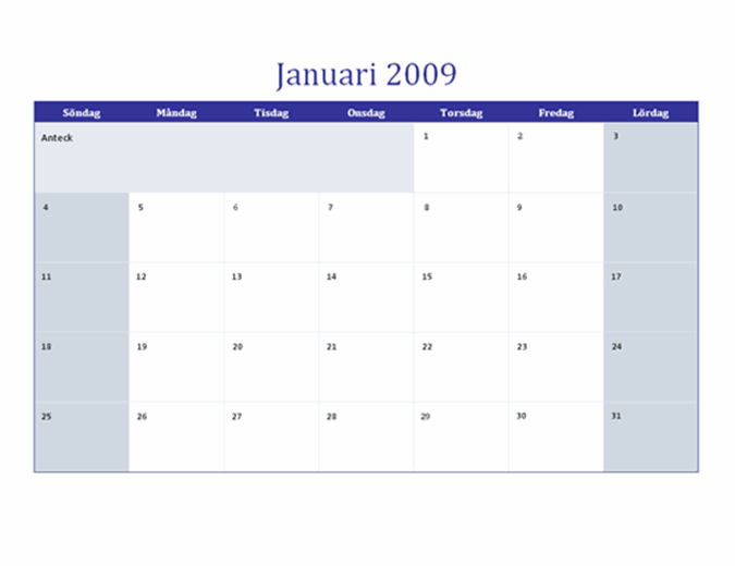 Kalender för 2009 på flera kalkylblad