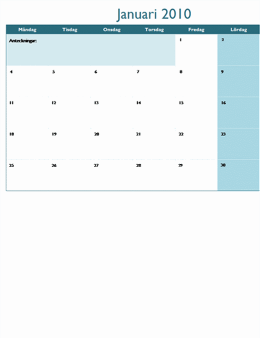 Kalender för 2010 på flera kalkylblad (12 sidor, må-sö)